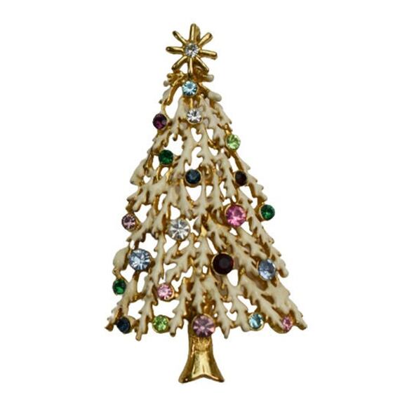1980s Gold Plate Multi Colored Rhinestones White Enamel Christmas Tree Pendant - Picture 4 of 4